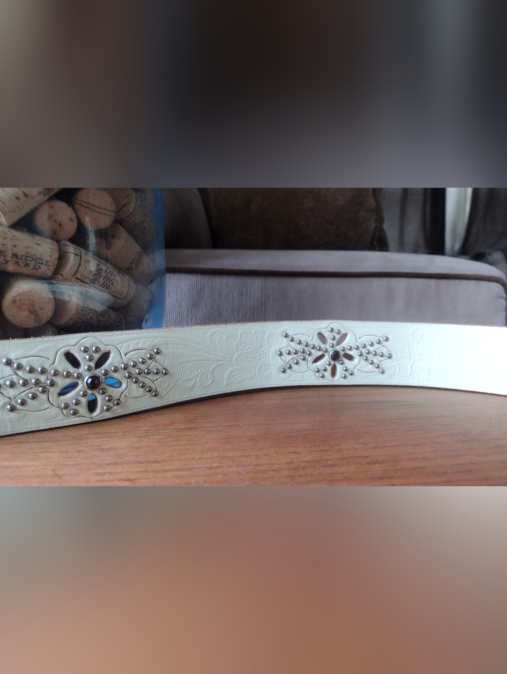 Hollywood Trading Company Cream Tooled Leather Belt with Floral Stud Detail - Picture 5 of 6